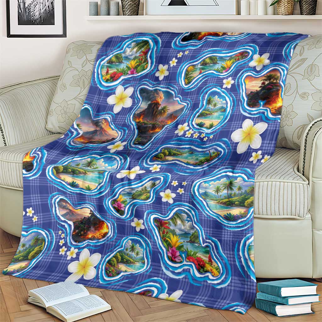 Hawaiian Island Shapes-Iconic Landscape Blanket with Plumeria and Palaka Blue Color LT03 - Polynesian Pride