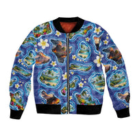 Hawaiian Island Shapes-Iconic Landscape Bomber Jacket with Plumeria and Palaka Blue Color LT03 Unisex Blue - Polynesian Pride