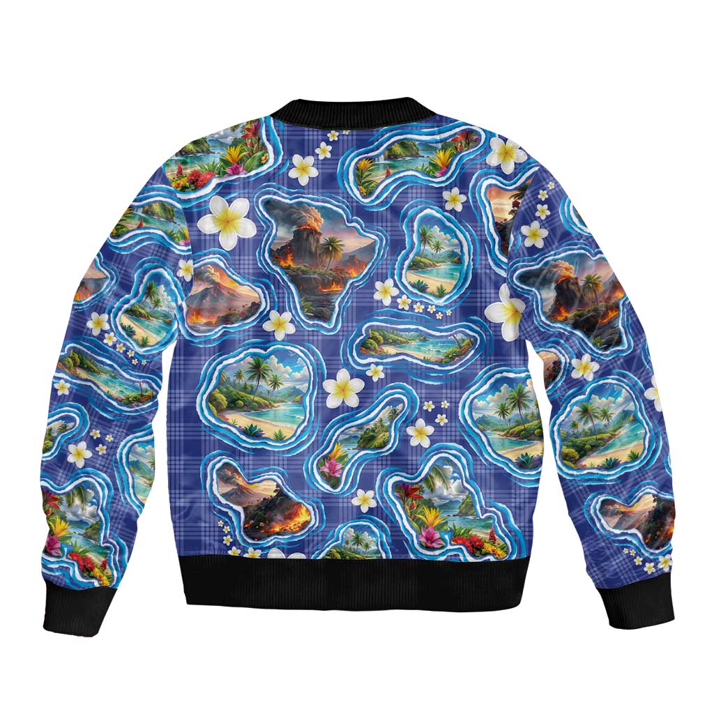 Hawaiian Island Shapes-Iconic Landscape Bomber Jacket with Plumeria and Palaka Blue Color LT03 - Polynesian Pride