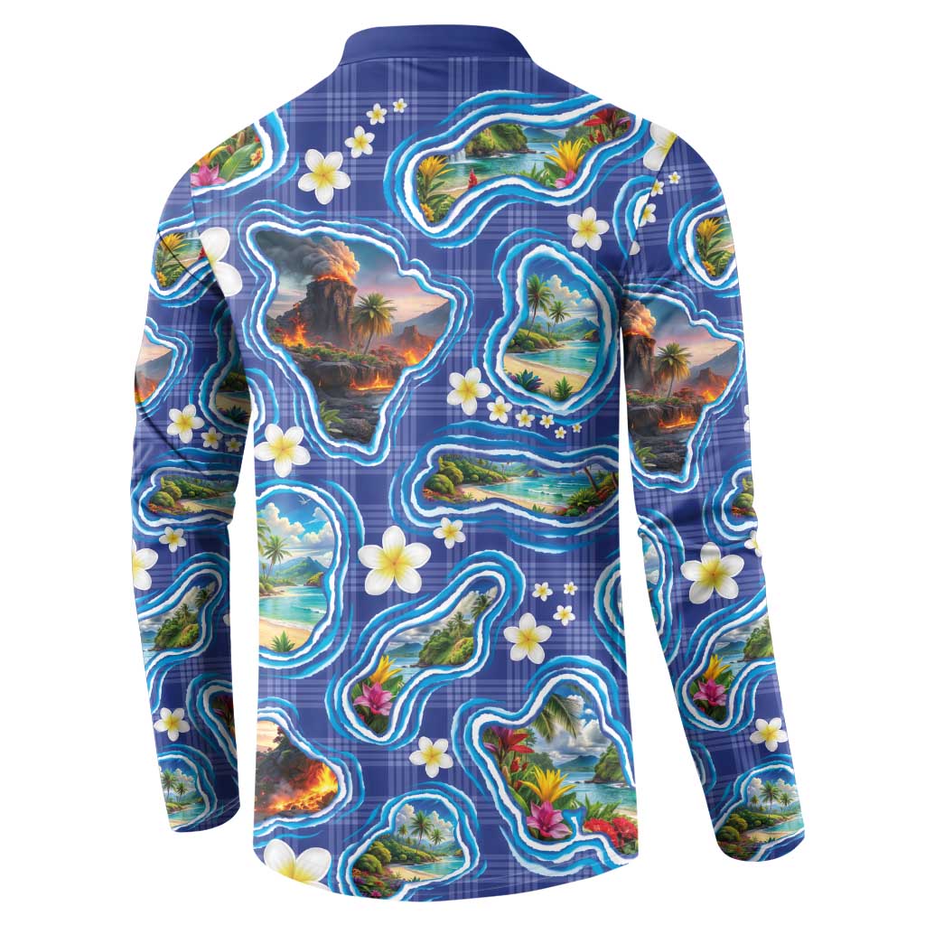 Hawaiian Island Shapes-Iconic Landscape Button Sweatshirt with Plumeria and Palaka Blue Color LT03 - Polynesian Pride