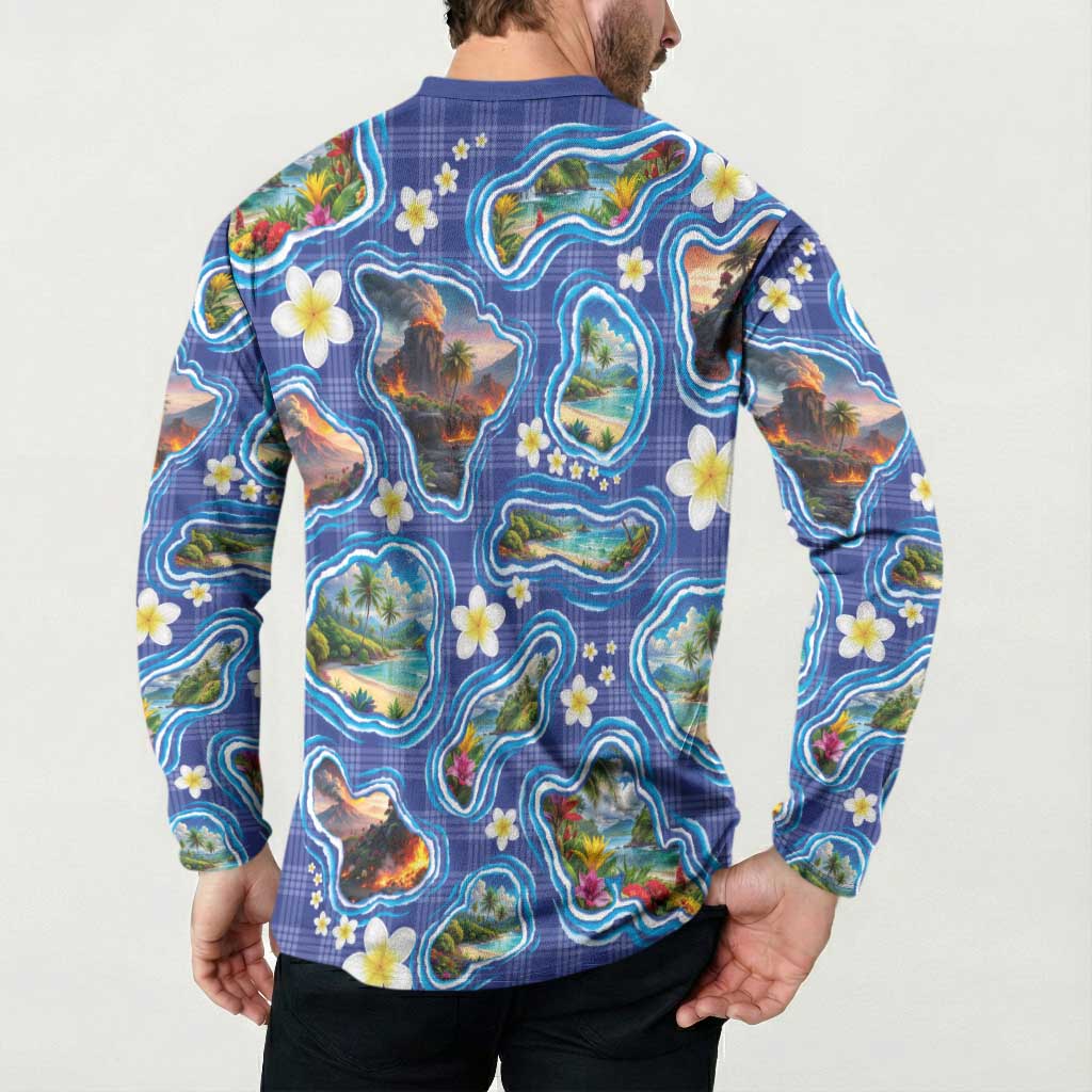 Hawaiian Island Shapes-Iconic Landscape Button Sweatshirt with Plumeria and Palaka Blue Color LT03 - Polynesian Pride