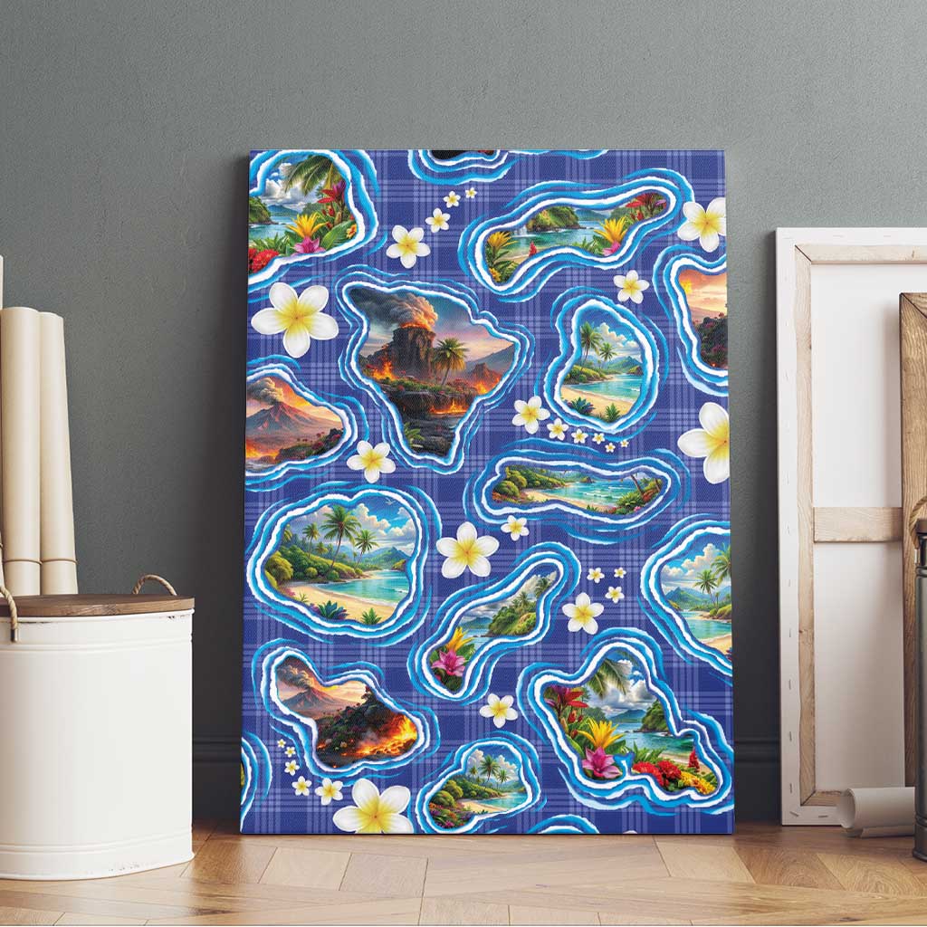 Hawaiian Island Shapes-Iconic Landscape Canvas Wall Art with Plumeria and Palaka Blue Color LT03 - Polynesian Pride