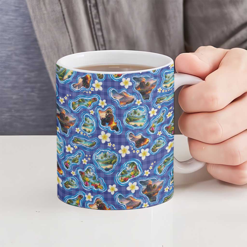 Hawaiian Island Shapes-Iconic Landscape Ceramic Mug with Plumeria and Palaka Blue Color LT03 - Polynesian Pride