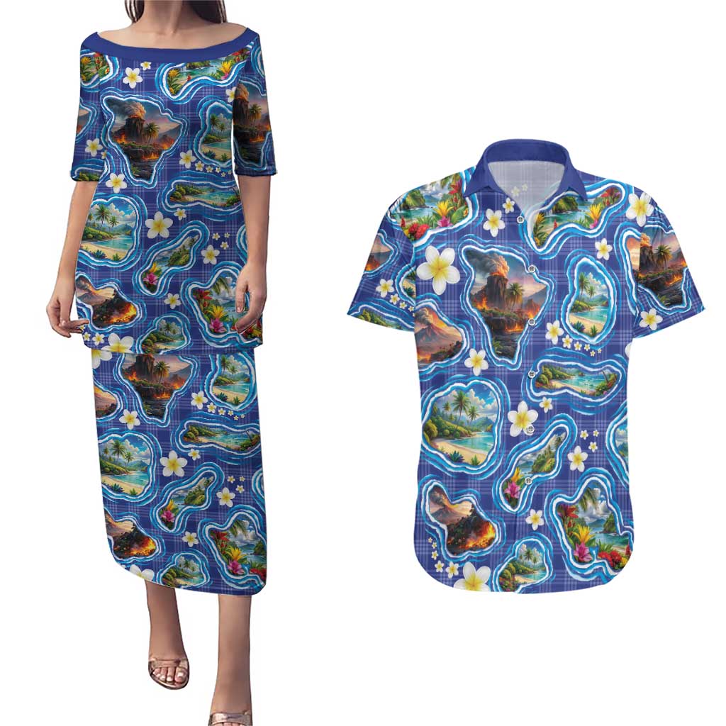 Hawaiian Island Shapes-Iconic Landscape Couples Matching Puletasi and Hawaiian Shirt with Plumeria and Palaka Blue Color