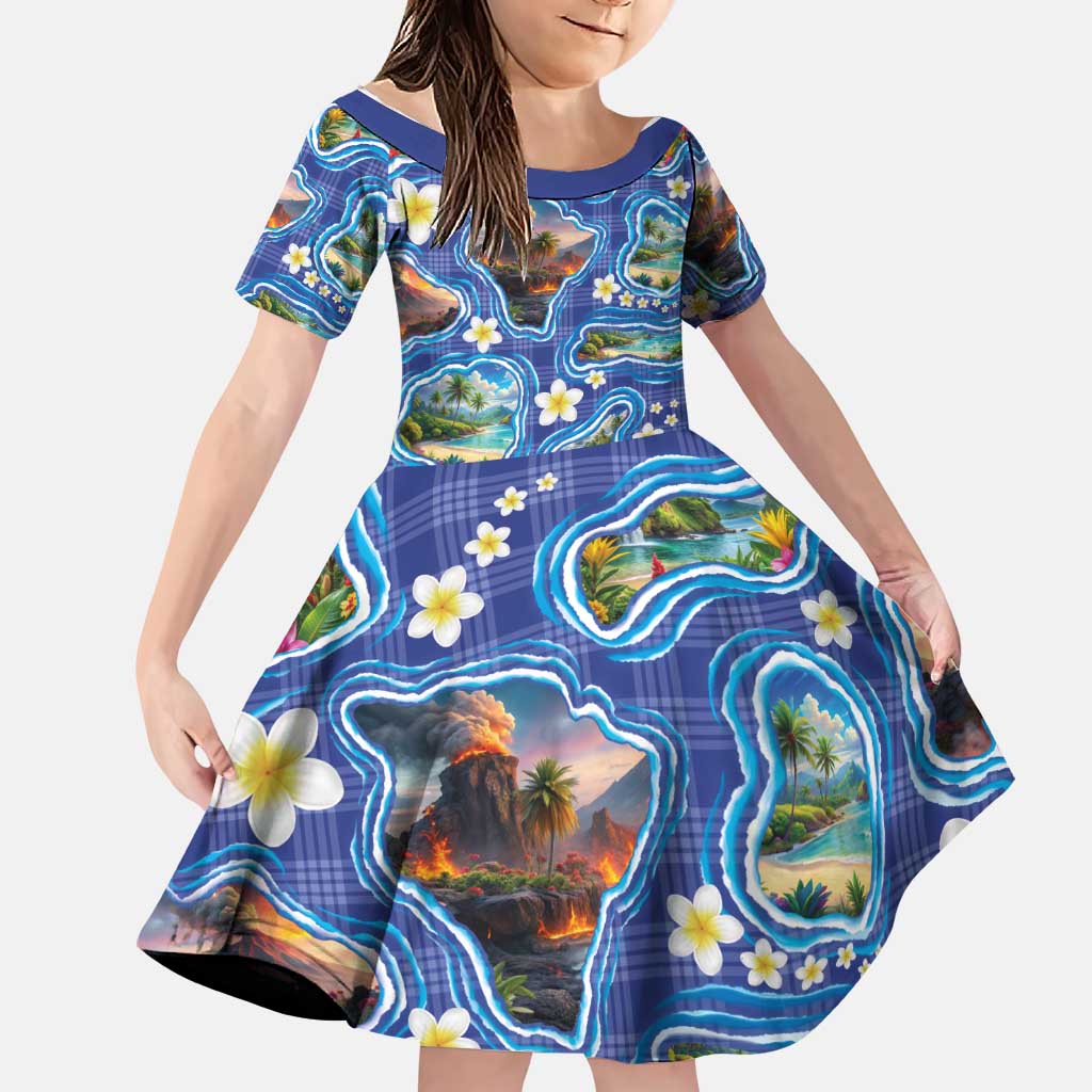 Hawaiian Island Shapes-Iconic Landscape Family Matching Off The Shoulder Long Sleeve Dress and Hawaiian Shirt with Plumeria and Palaka Blue Color LT03 Daughter's Dress Blue - Polynesian Pride
