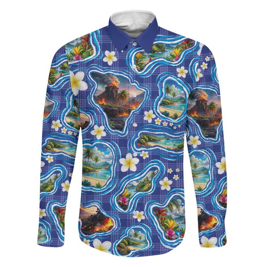 Hawaiian Island Shapes-Iconic Landscape Family Matching Off The Shoulder Long Sleeve Dress and Hawaiian Shirt with Plumeria and Palaka Blue Color LT03 Dad's Shirt - Long Sleeve Blue - Polynesian Pride