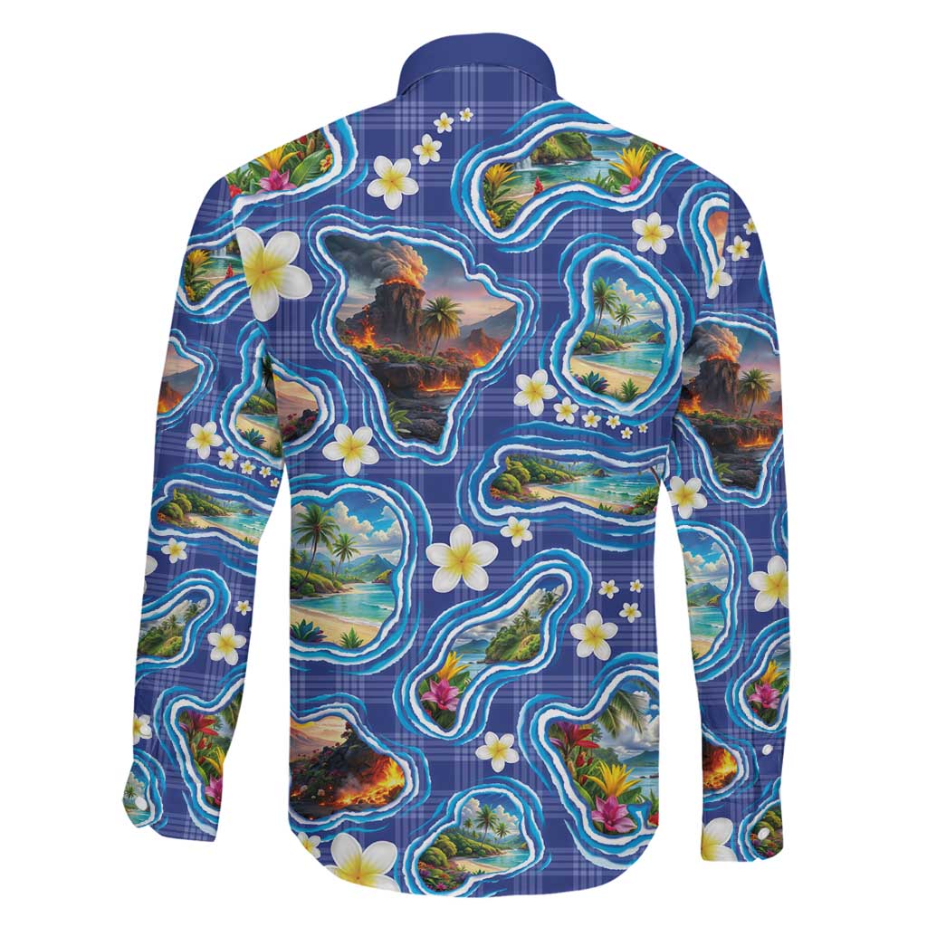 Hawaiian Island Shapes-Iconic Landscape Family Matching Off The Shoulder Long Sleeve Dress and Hawaiian Shirt with Plumeria and Palaka Blue Color LT03 - Polynesian Pride