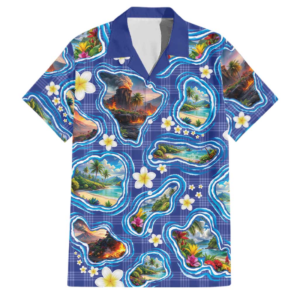 Hawaiian Island Shapes-Iconic Landscape Family Matching Short Sleeve Bodycon Dress and Hawaiian Shirt with Plumeria and Palaka Blue Color LT03 Dad's Shirt - Short Sleeve Blue - Polynesian Pride