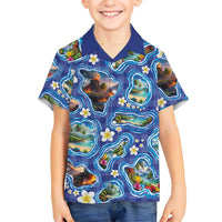 Hawaiian Island Shapes-Iconic Landscape Family Matching Short Sleeve Bodycon Dress and Hawaiian Shirt with Plumeria and Palaka Blue Color LT03 Son's Shirt Blue - Polynesian Pride