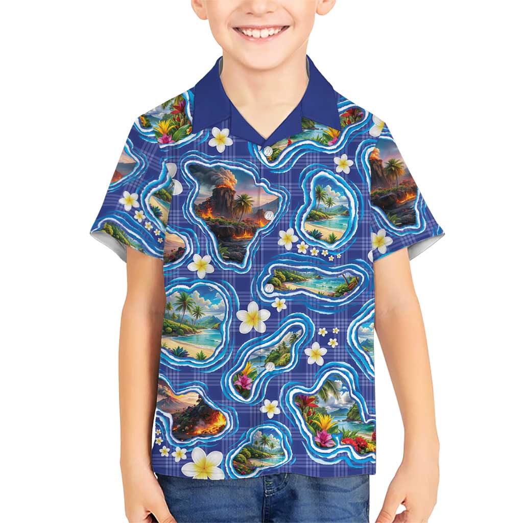 Hawaiian Island Shapes-Iconic Landscape Family Matching Tank Maxi Dress and Hawaiian Shirt with Plumeria and Palaka Blue Color LT03 Son's Shirt Blue - Polynesian Pride