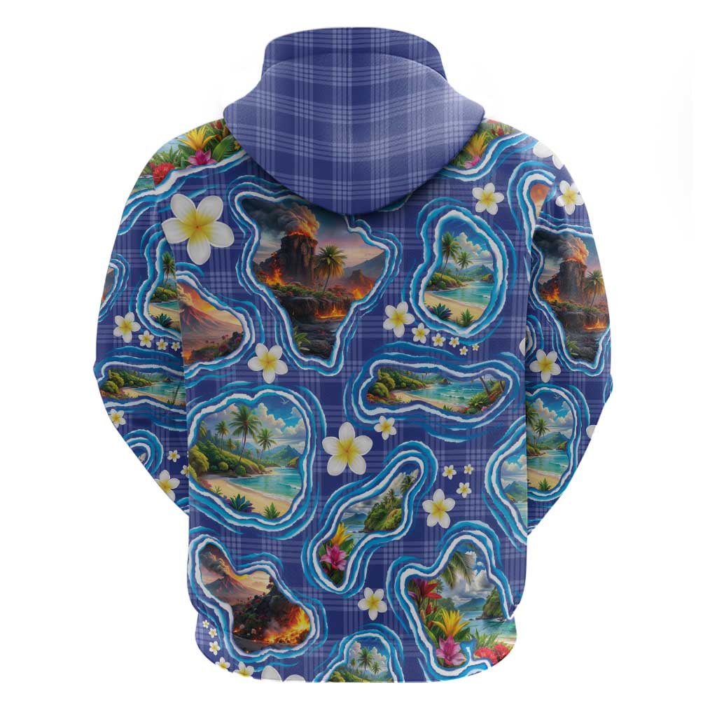 Hawaiian Island Shapes-Iconic Landscape Hoodie with Plumeria and Palaka Blue Color LT03 - Polynesian Pride