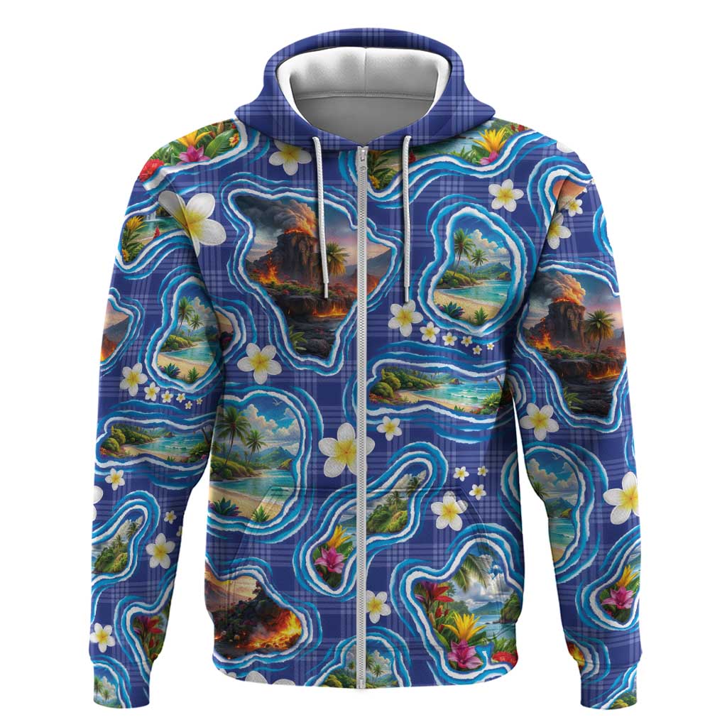 Hawaiian Island Shapes-Iconic Landscape Hoodie with Plumeria and Palaka Blue Color LT03 Zip Hoodie Blue - Polynesian Pride