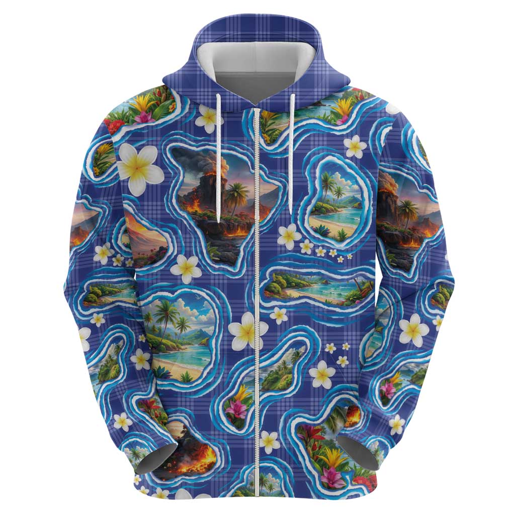 Hawaiian Island Shapes-Iconic Landscape Hoodie with Plumeria and Palaka Blue Color LT03 - Polynesian Pride