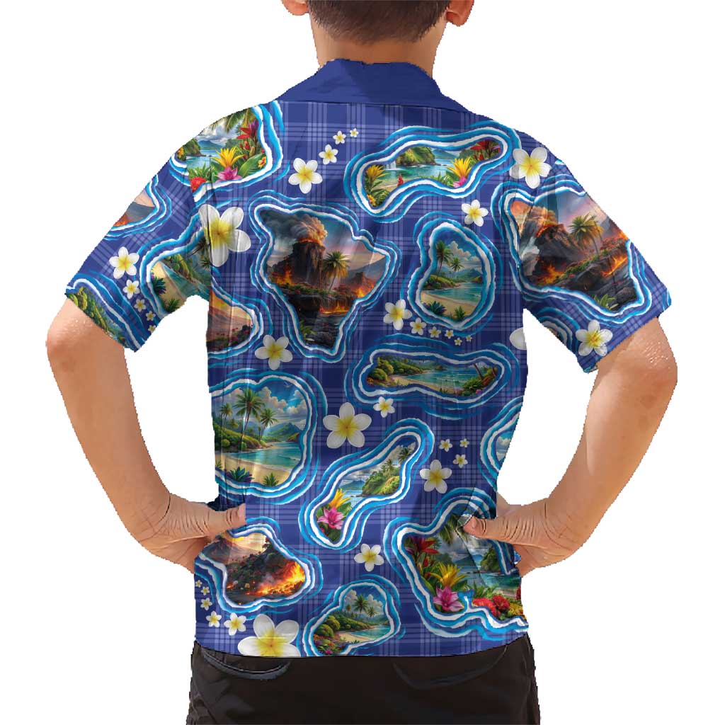 Hawaiian Island Shapes-Iconic Landscape Kid Hawaiian Shirt with Plumeria and Palaka Blue Color LT03 - Polynesian Pride