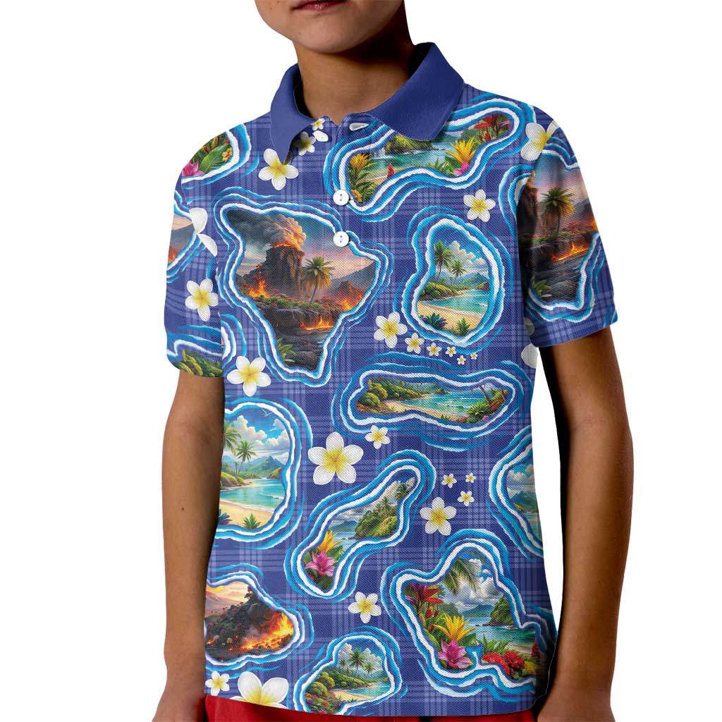 Hawaiian Island Shapes-Iconic Landscape Kid Polo Shirt with Plumeria and Palaka Blue Color