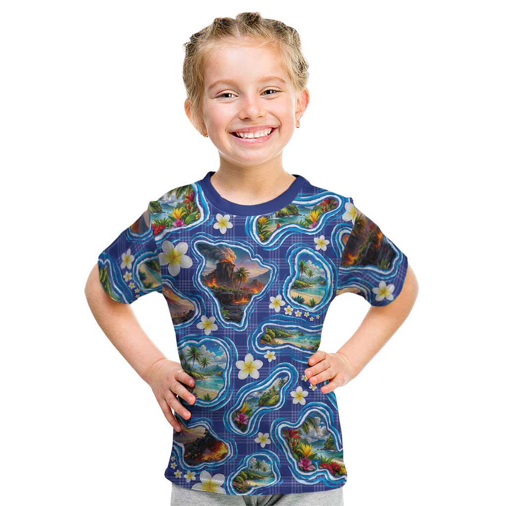 Hawaiian Island Shapes-Iconic Landscape Kid T Shirt with Plumeria and Palaka Blue Color LT03 Blue - Polynesian Pride