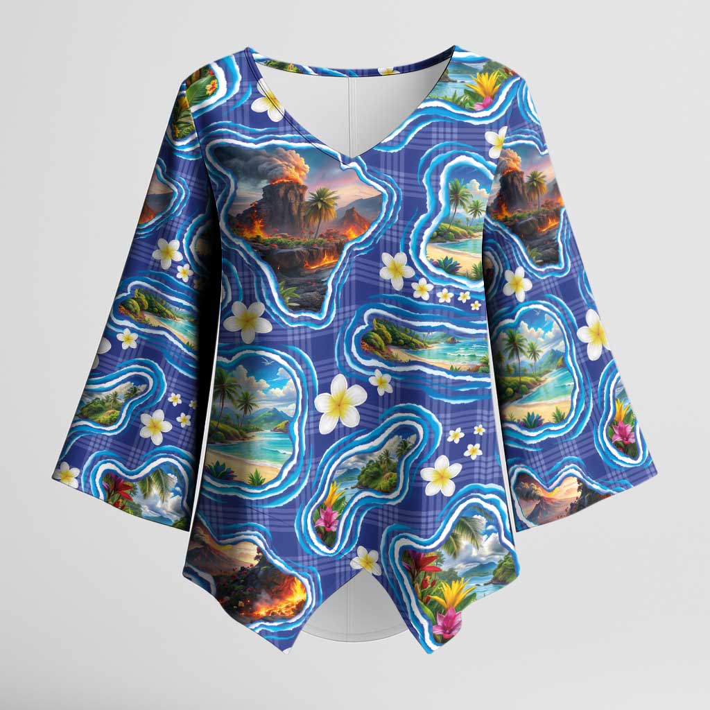 Hawaiian Island Shapes-Iconic Landscape Kimono Sleeve Blouse with Plumeria and Palaka Blue Color LT03 Female Blue - Polynesian Pride