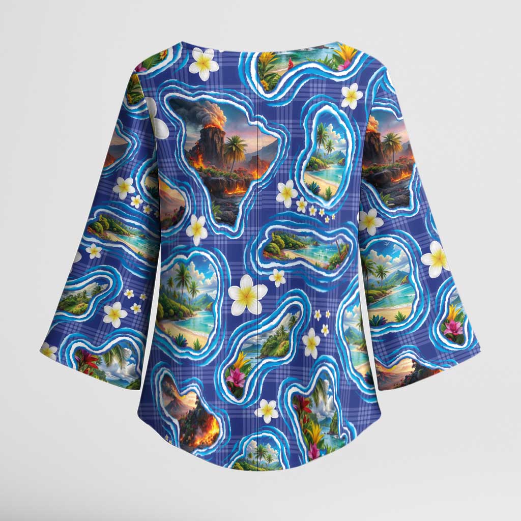 Hawaiian Island Shapes-Iconic Landscape Kimono Sleeve Blouse with Plumeria and Palaka Blue Color LT03 - Polynesian Pride