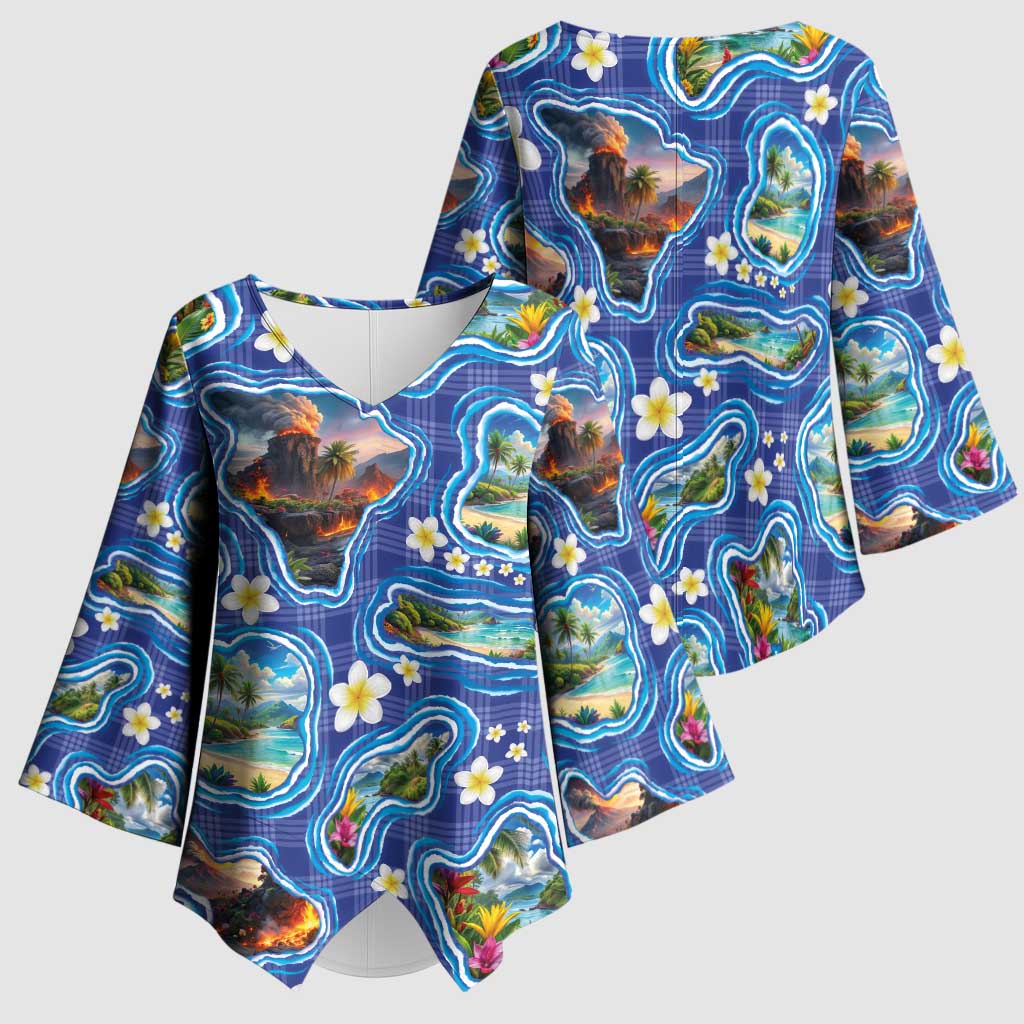 Hawaiian Island Shapes-Iconic Landscape Kimono Sleeve Blouse with Plumeria and Palaka Blue Color LT03 - Polynesian Pride