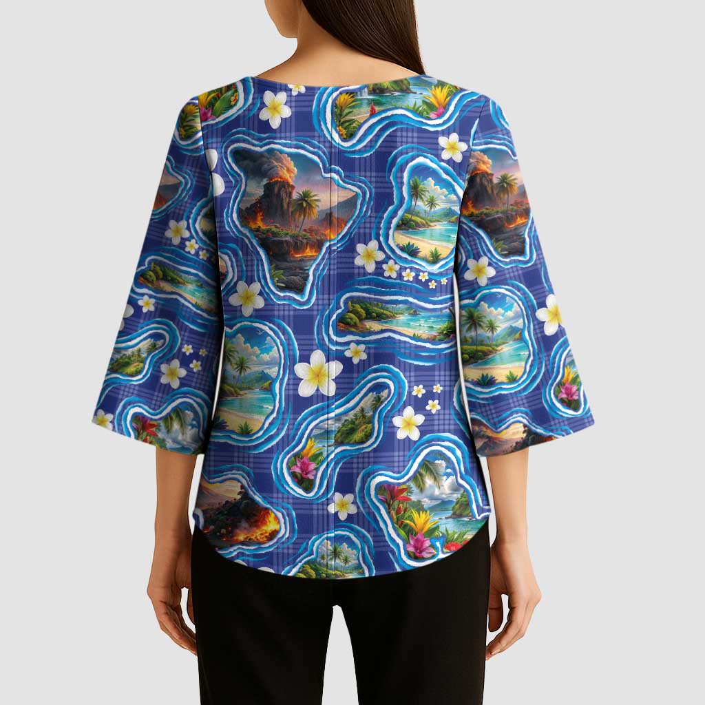 Hawaiian Island Shapes-Iconic Landscape Kimono Sleeve Blouse with Plumeria and Palaka Blue Color LT03 - Polynesian Pride