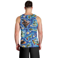 Hawaiian Island Shapes-Iconic Landscape Men Tank Top with Plumeria and Palaka Blue Color LT03 - Polynesian Pride