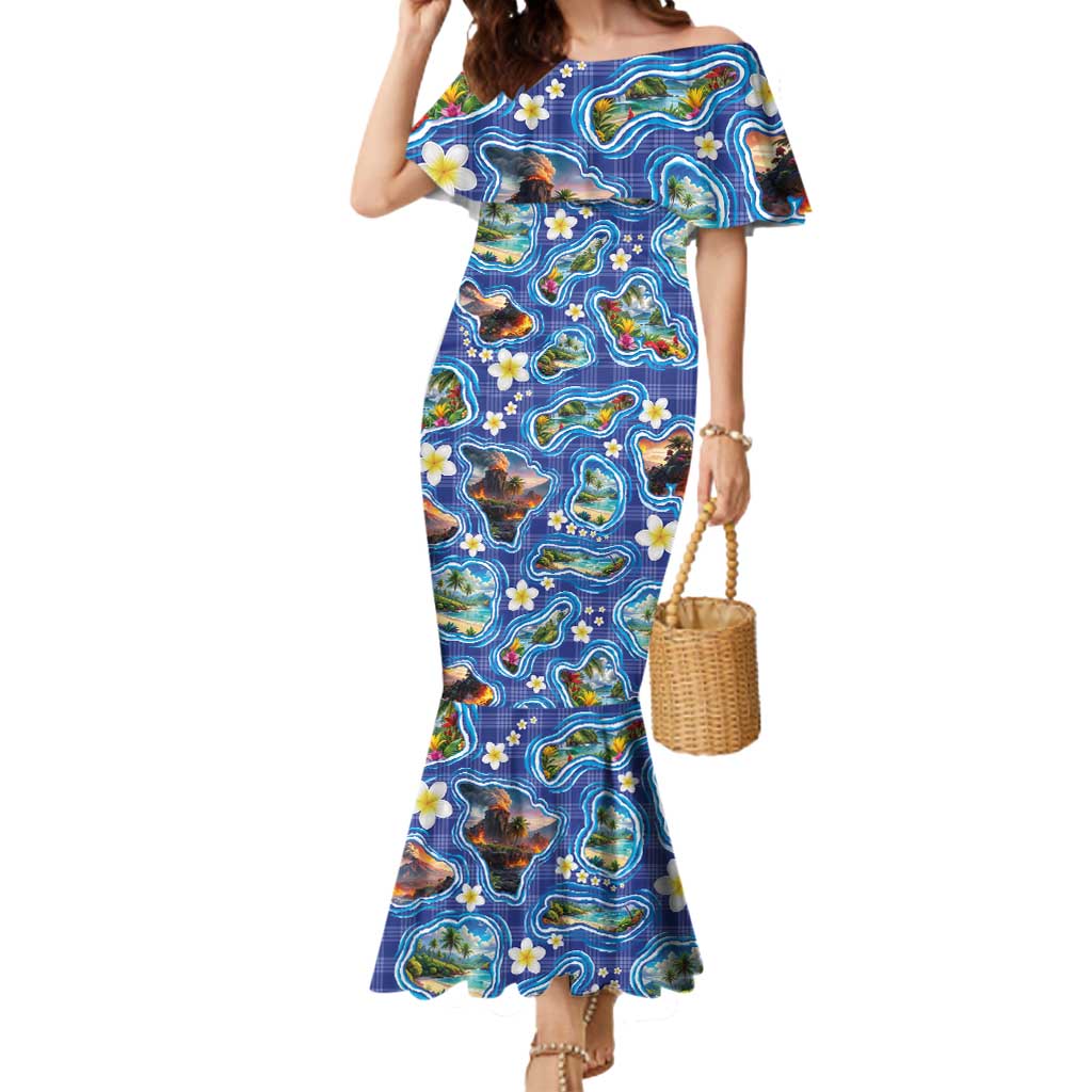 Hawaiian Island Shapes-Iconic Landscape Mermaid Dress with Plumeria and Palaka Blue Color LT03 Women Blue - Polynesian Pride