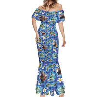 Hawaiian Island Shapes-Iconic Landscape Mermaid Dress with Plumeria and Palaka Blue Color LT03 - Polynesian Pride
