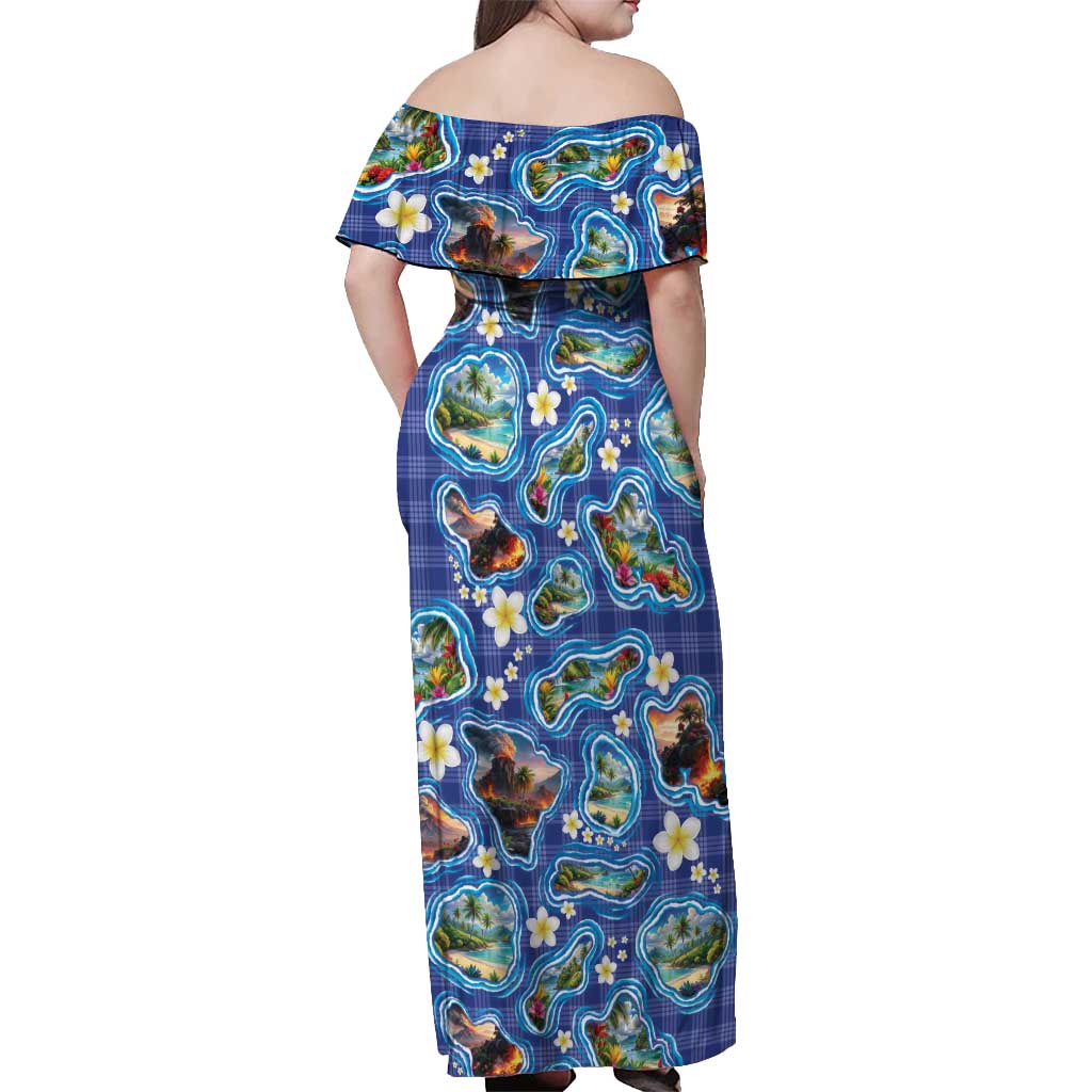 Hawaiian Island Shapes-Iconic Landscape Off Shoulder Maxi Dress with Plumeria and Palaka Blue Color LT03 - Polynesian Pride