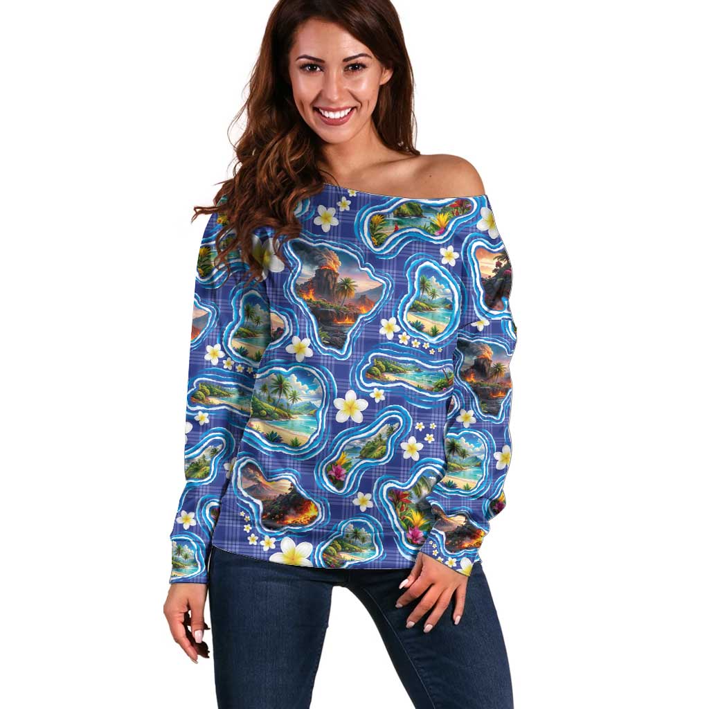 Hawaiian Island Shapes-Iconic Landscape Off Shoulder Sweater with Plumeria and Palaka Blue Color