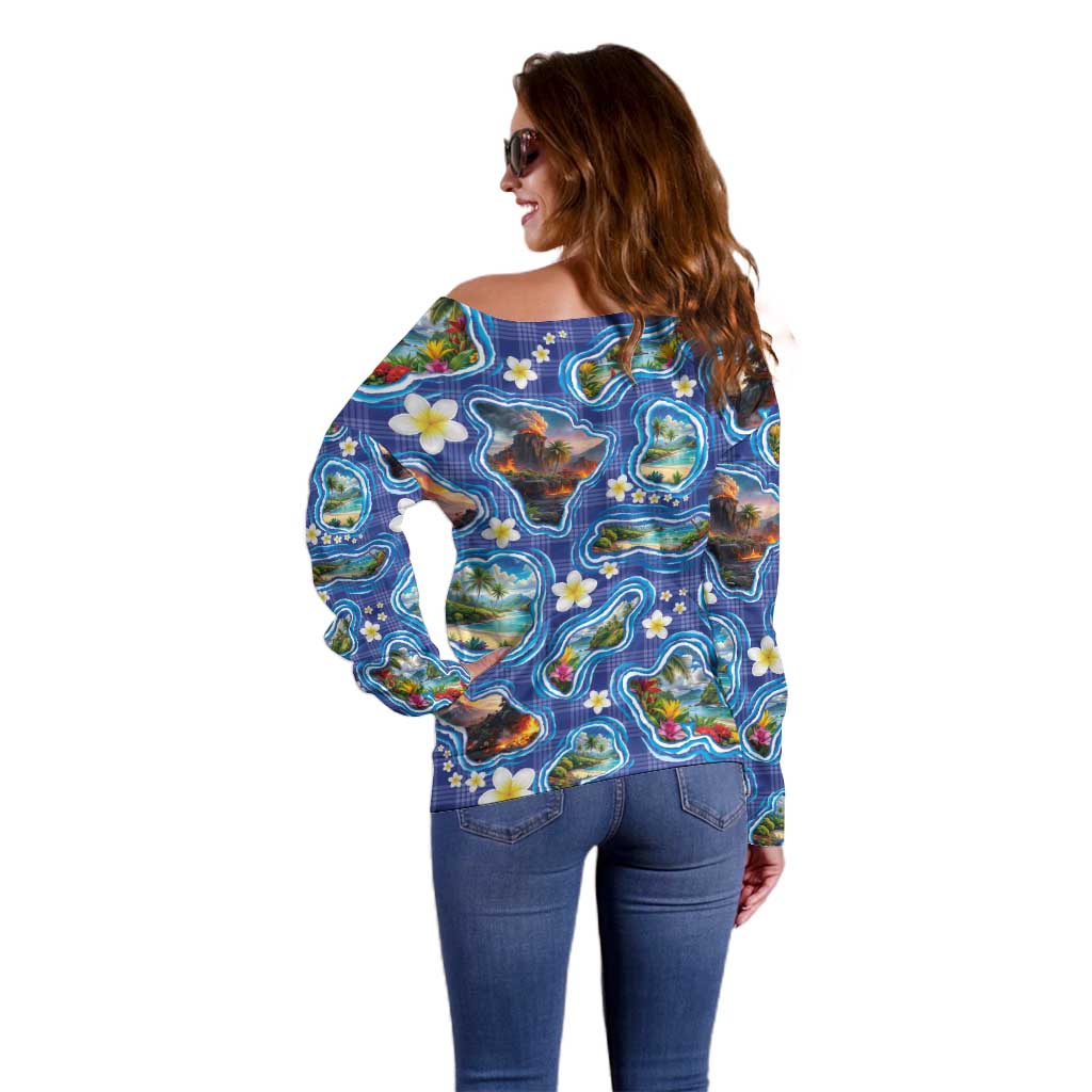 Hawaiian Island Shapes-Iconic Landscape Off Shoulder Sweater with Plumeria and Palaka Blue Color LT03 - Polynesian Pride