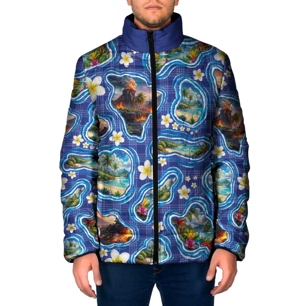 Hawaiian Island Shapes-Iconic Landscape Padded Jacket with Plumeria and Palaka Blue Color LT03 Men Blue - Polynesian Pride