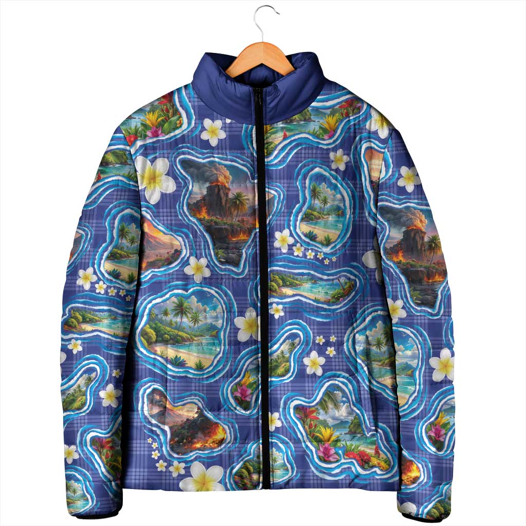 Hawaiian Island Shapes-Iconic Landscape Padded Jacket with Plumeria and Palaka Blue Color LT03 - Polynesian Pride