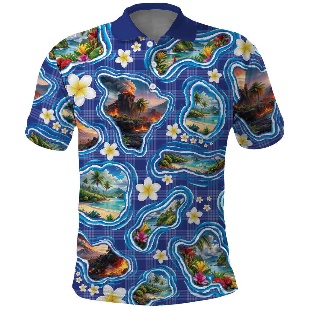 Hawaiian Island Shapes-Iconic Landscape Polo Shirt with Plumeria and Palaka Blue Color