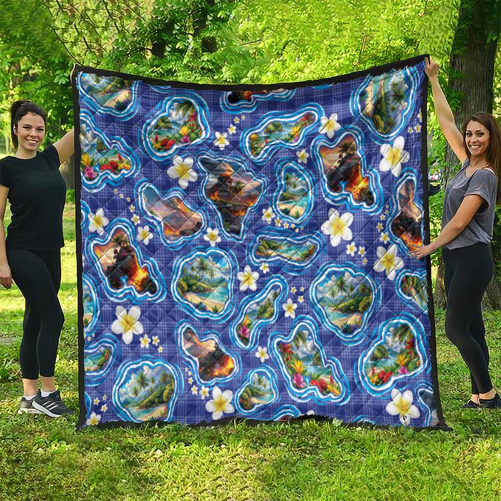 Hawaiian Island Shapes-Iconic Landscape Quilt with Plumeria and Palaka Blue Color LT03 - Polynesian Pride