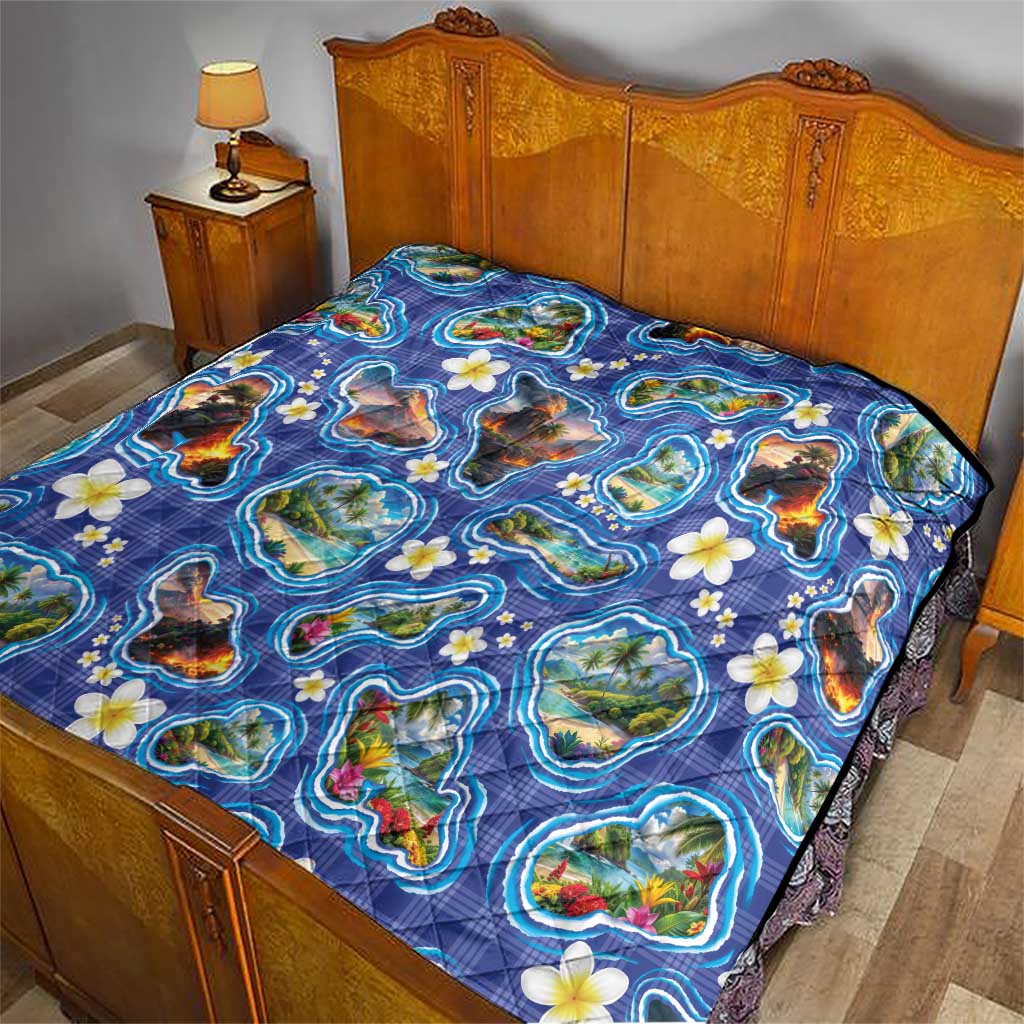 Hawaiian Island Shapes-Iconic Landscape Quilt with Plumeria and Palaka Blue Color LT03 - Polynesian Pride
