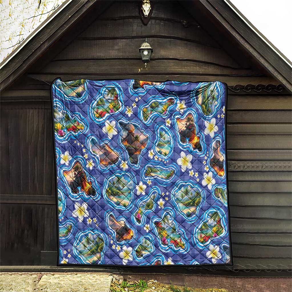 Hawaiian Island Shapes-Iconic Landscape Quilt with Plumeria and Palaka Blue Color LT03 - Polynesian Pride