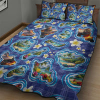 Hawaiian Island Shapes-Iconic Landscape Quilt Bed Set with Plumeria and Palaka Blue Color LT03 - Polynesian Pride
