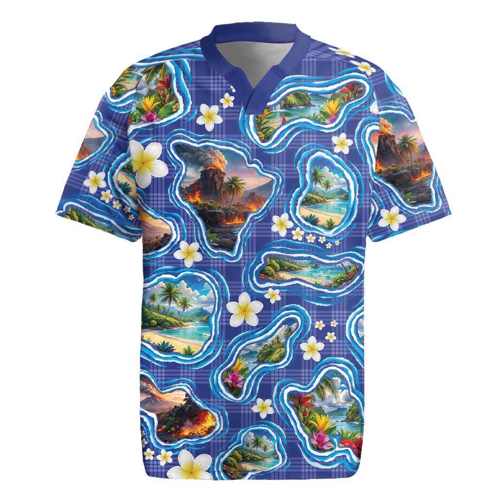 Hawaiian Island Shapes-Iconic Landscape Rugby Jersey with Plumeria and Palaka Blue Color LT03 Blue - Polynesian Pride