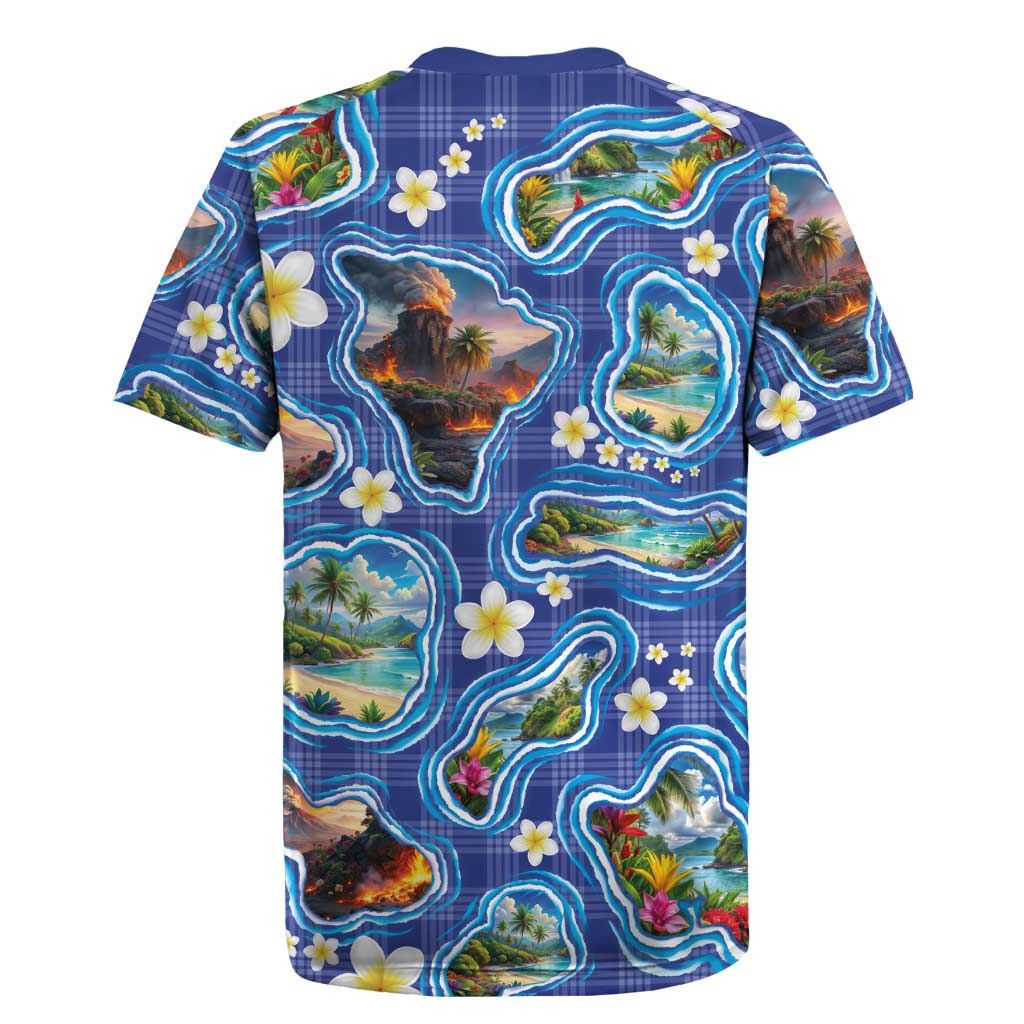 Hawaiian Island Shapes-Iconic Landscape Rugby Jersey with Plumeria and Palaka Blue Color LT03 - Polynesian Pride