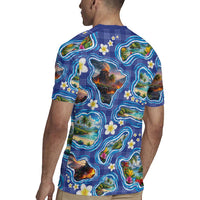 Hawaiian Island Shapes-Iconic Landscape Rugby Jersey with Plumeria and Palaka Blue Color LT03 - Polynesian Pride