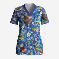 Hawaiian Island Shapes-Iconic Landscape Scrub Top with Plumeria and Palaka Blue Color LT03 Adult Blue - Polynesian Pride
