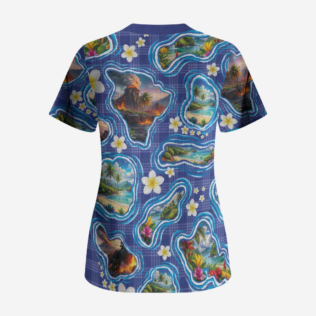 Hawaiian Island Shapes-Iconic Landscape Scrub Top with Plumeria and Palaka Blue Color LT03 - Polynesian Pride
