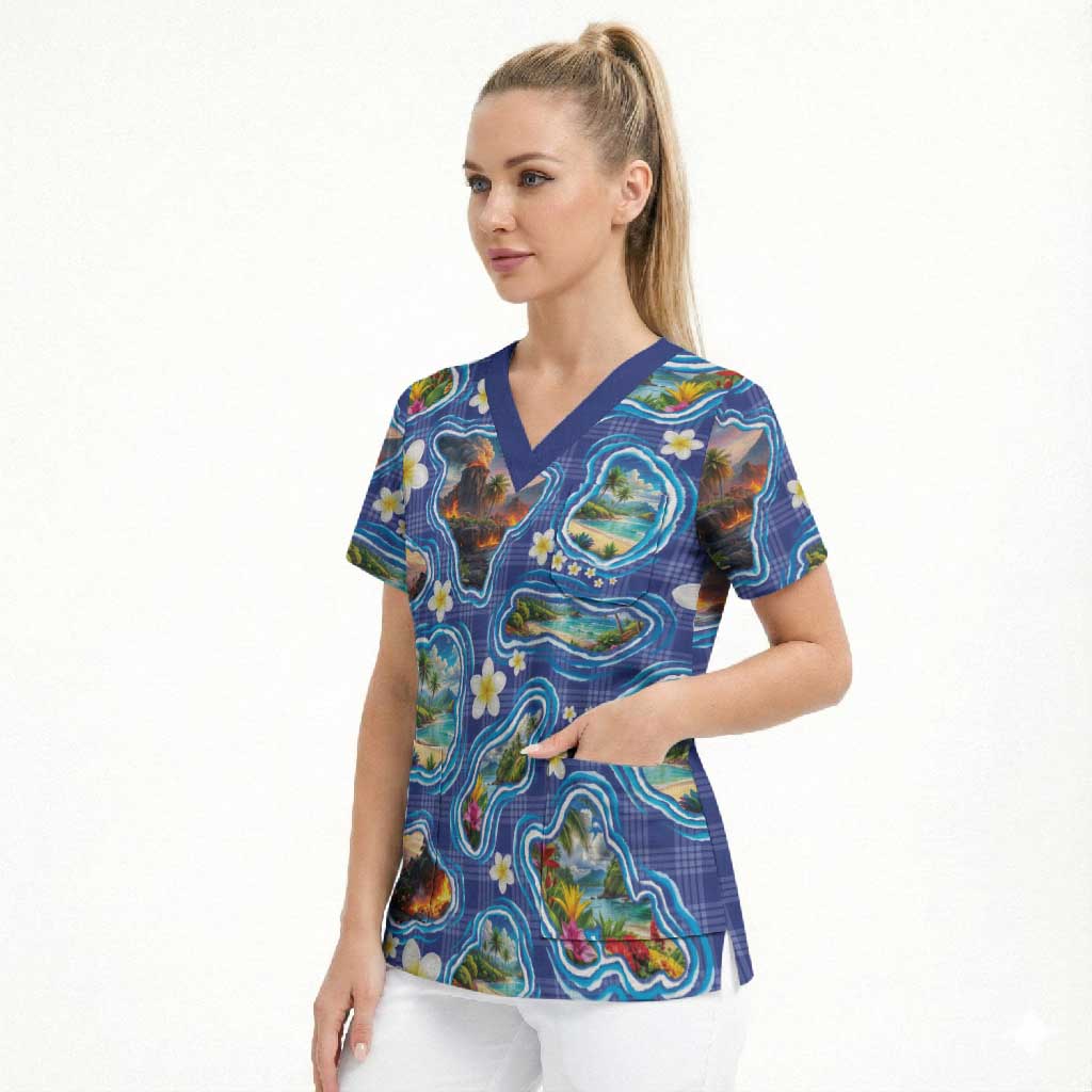 Hawaiian Island Shapes-Iconic Landscape Scrub Top with Plumeria and Palaka Blue Color LT03 - Polynesian Pride