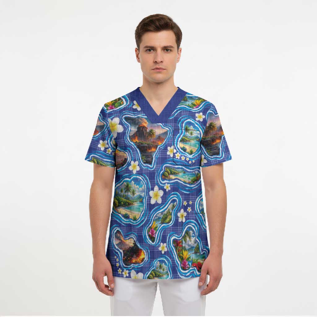 Hawaiian Island Shapes-Iconic Landscape Scrub Top with Plumeria and Palaka Blue Color LT03 - Polynesian Pride