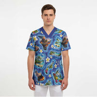 Hawaiian Island Shapes-Iconic Landscape Scrub Top with Plumeria and Palaka Blue Color LT03 - Polynesian Pride