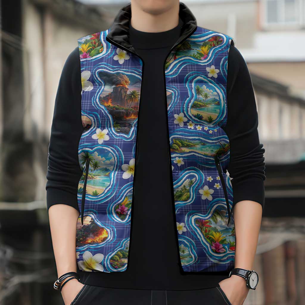 Hawaiian Island Shapes-Iconic Landscape Sleeveless Puffer Jacket with Plumeria and Palaka Blue Color LT03 - Polynesian Pride