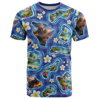 Hawaiian Island Shapes-Iconic Landscape T Shirt with Plumeria and Palaka Blue Color LT03 Blue - Polynesian Pride