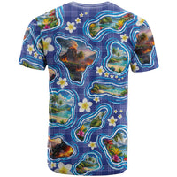 Hawaiian Island Shapes-Iconic Landscape T Shirt with Plumeria and Palaka Blue Color LT03 - Polynesian Pride