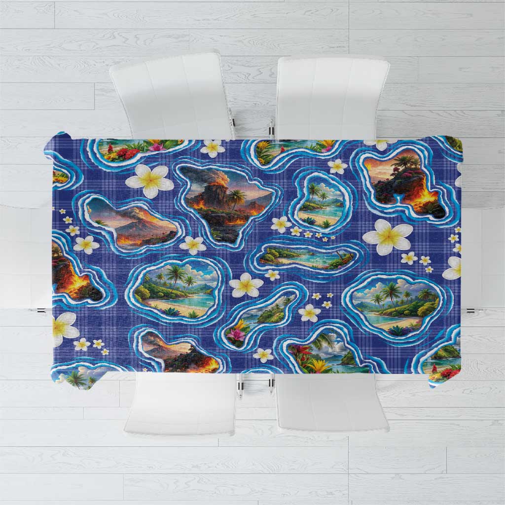 Hawaiian Island Shapes-Iconic Landscape Tablecloth with Plumeria and Palaka Blue Color