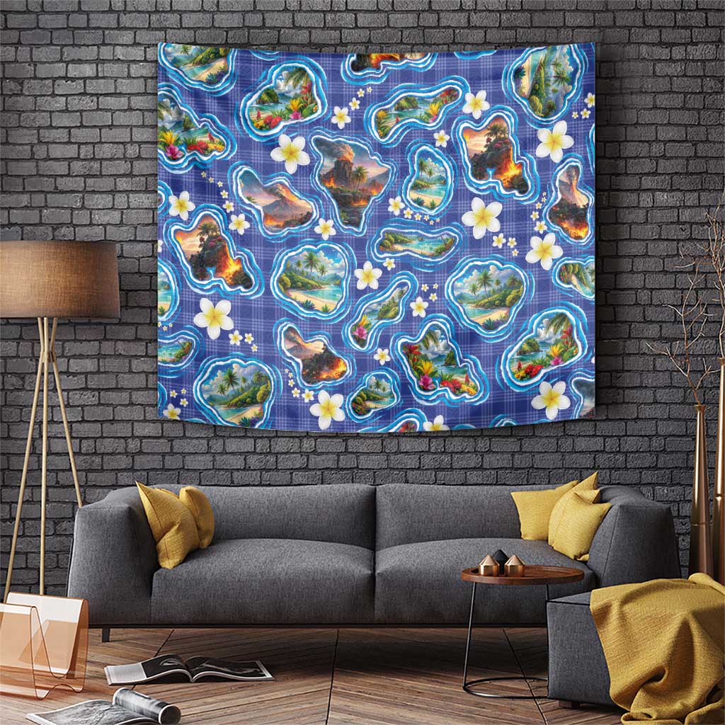 Hawaiian Island Shapes-Iconic Landscape Tapestry with Plumeria and Palaka Blue Color LT03 Blue - Polynesian Pride